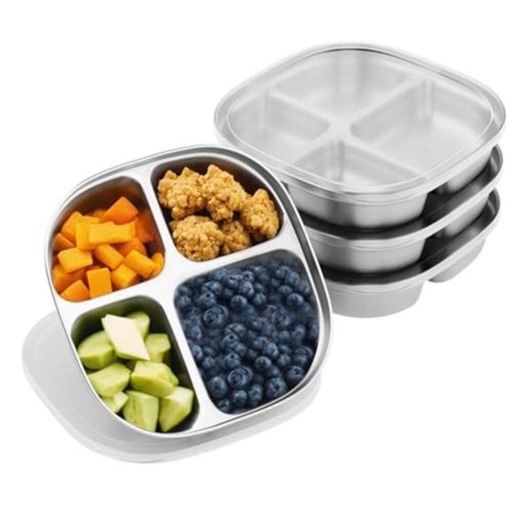 Stainless Steel Kids Plates,Set of 4 Toddler Plates with Lids - 4 Compartments